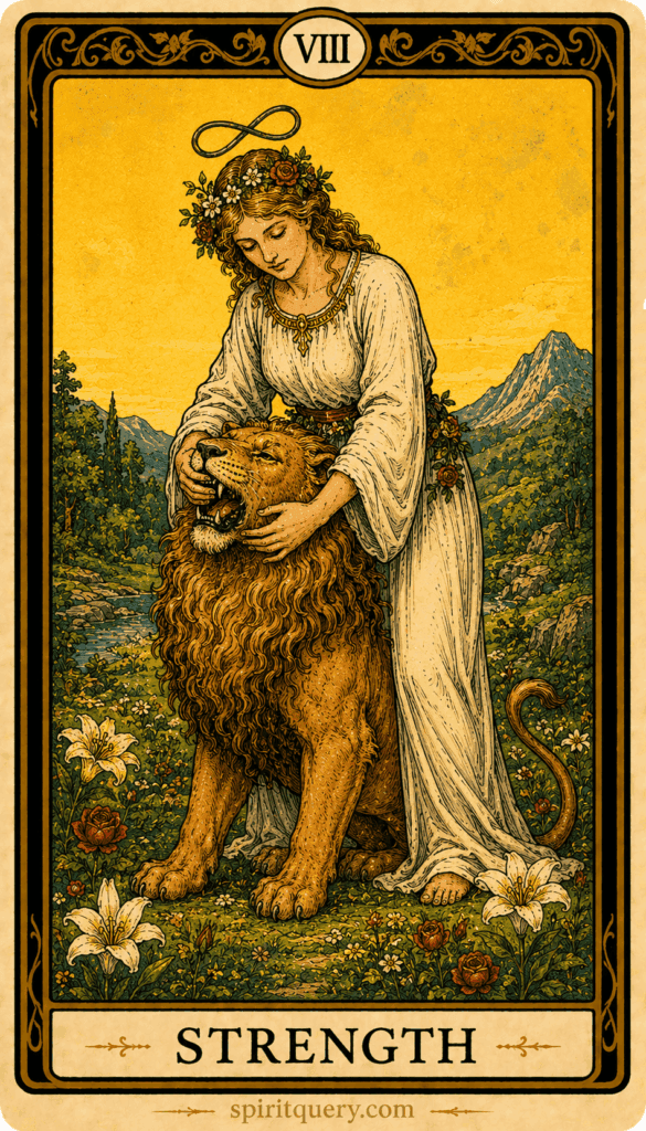 Strength tarot card showing woman gently closing lion's mouth with infinity symbol above