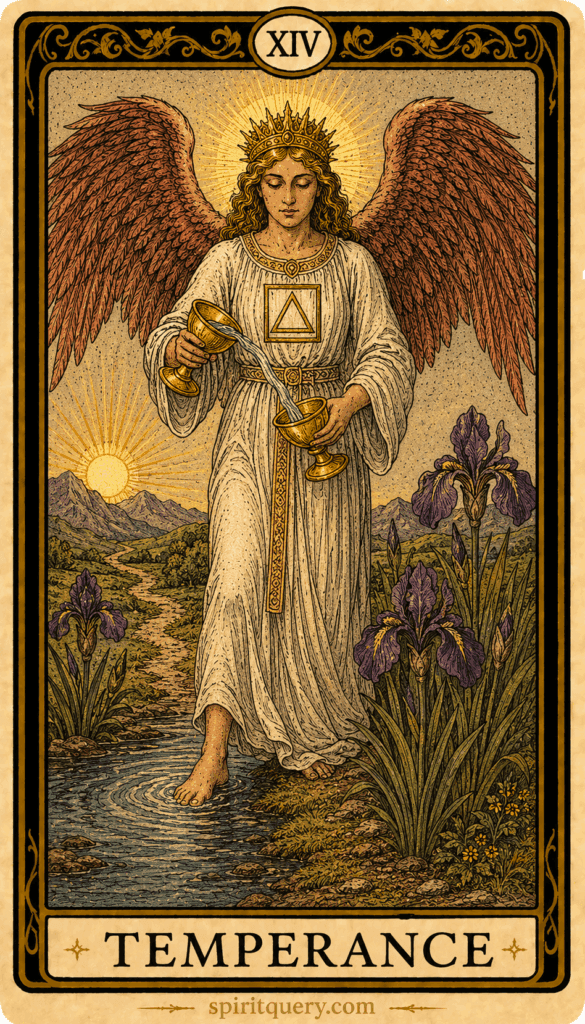 Temperance tarot card showing angel pouring water between cups with one foot in water one on land