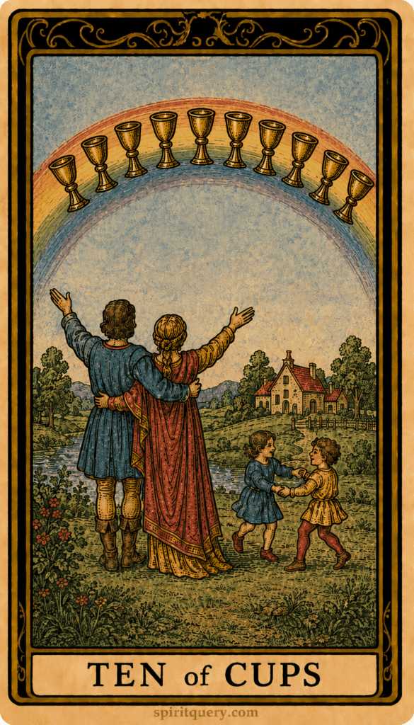 Ten of Cups tarot card showing family celebrating under rainbow of cups