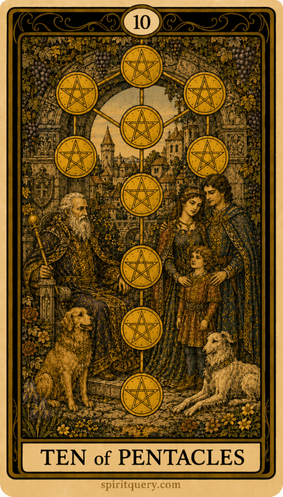 Ten of Pentacles tarot card showing multi-generational family with ten pentacles arranged in Tree of Life