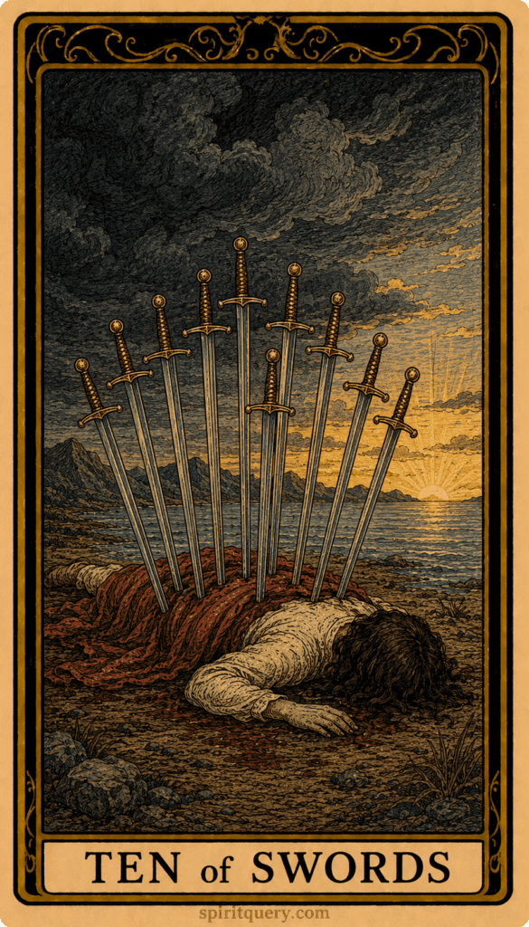 Ten of Swords tarot card showing figure face down with ten swords in back and sunrise ahead