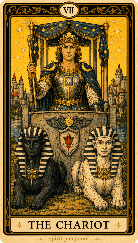 The Chariot tarot card depicting armored figure in chariot pulled by black and white sphinxes