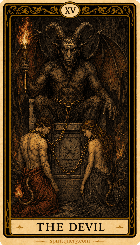The Devil tarot card depicting horned figure with chained couple below