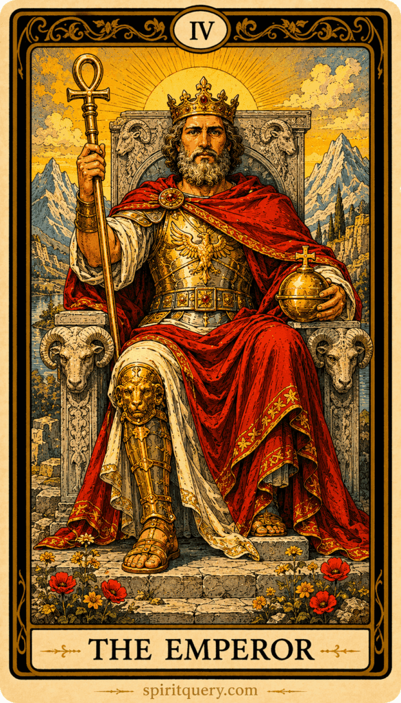 The Emperor tarot card showing armored ruler on stone throne with ram heads