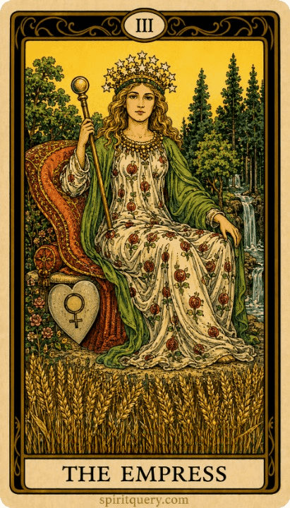 The Empress tarot card showing crowned figure in abundant garden with Venus symbol