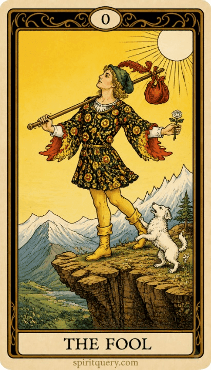 The Fool tarot card showing young person stepping off cliff with dog and white rose