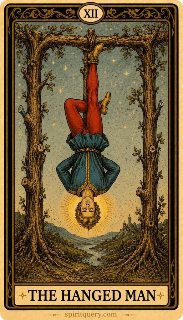 The Hanged Man tarot card showing figure suspended upside down from tree with halo