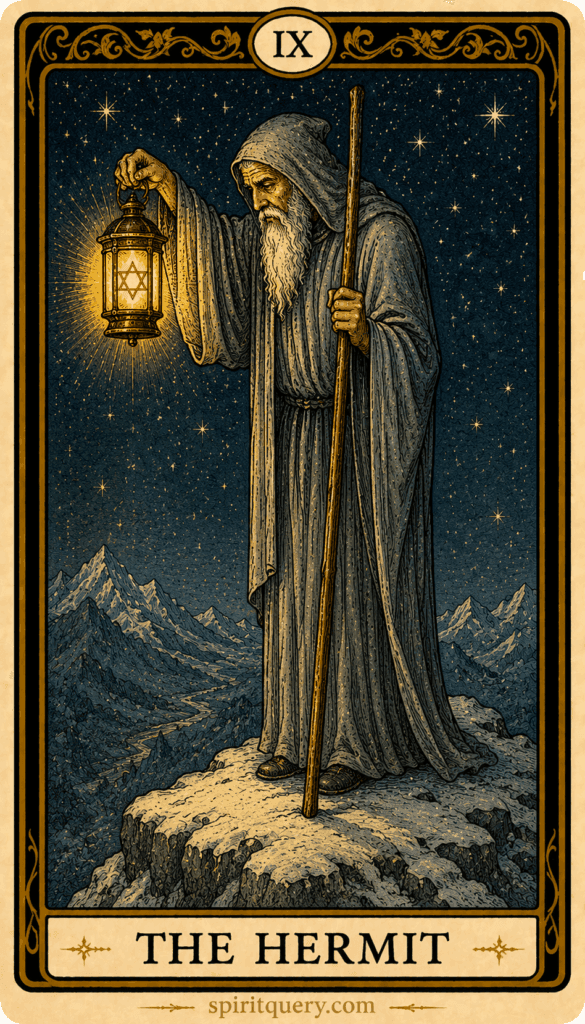 The Hermit tarot card depicting solitary figure on mountain peak with lantern and staff