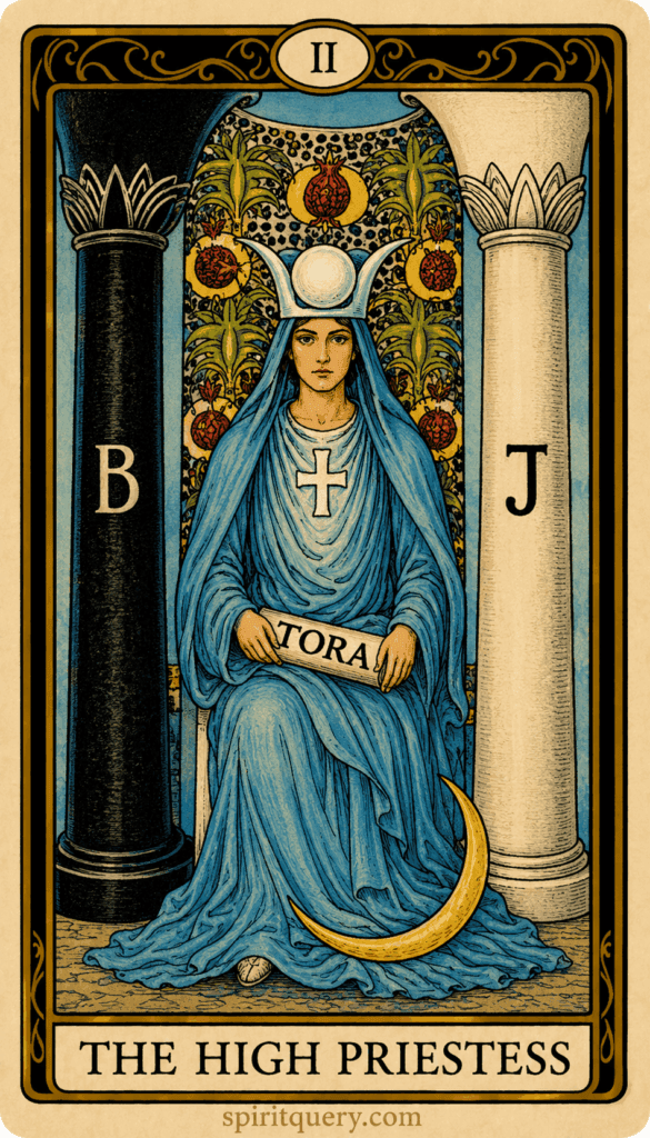 The High Priestess tarot card showing seated figure between pillars with moon crown