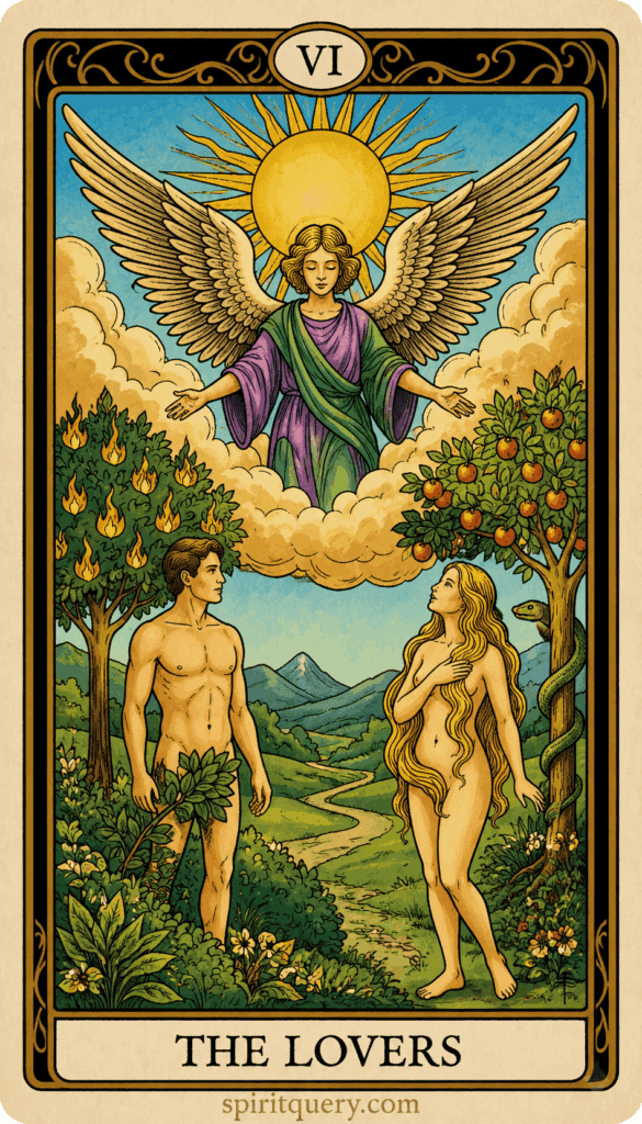 The Lovers tarot card showing couple beneath angel with Tree of Knowledge