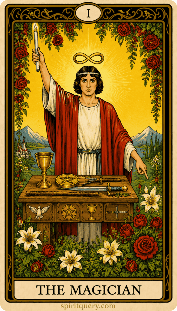 The Magician tarot card depicting figure with infinity symbol and four suit symbols