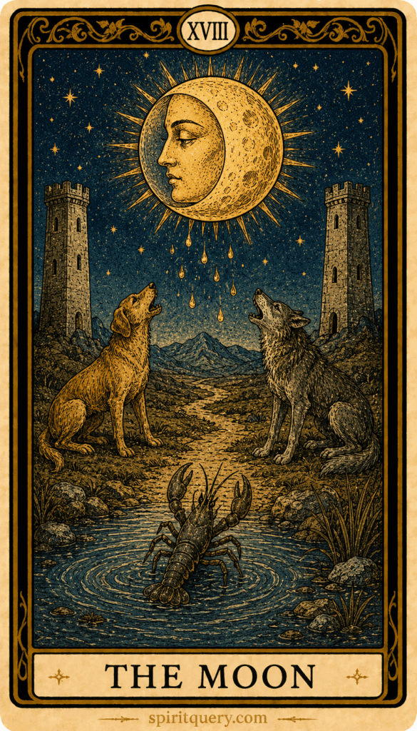The Moon tarot card depicting moon face with dog and wolf howling at path between towers