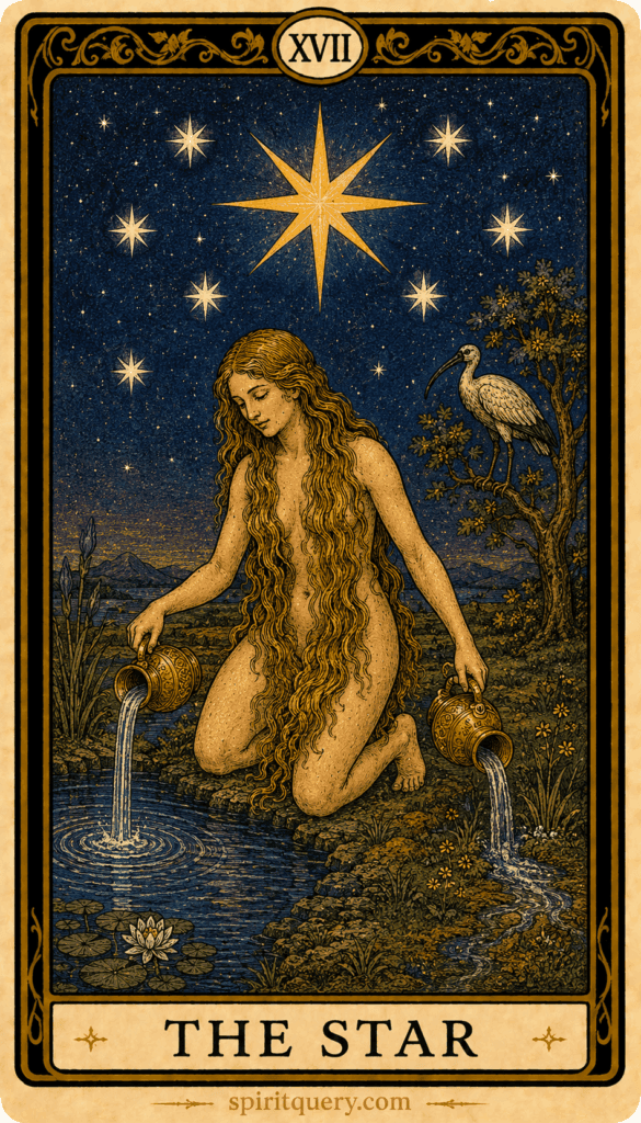 The Star tarot card showing naked figure pouring water under stars with bird in tree