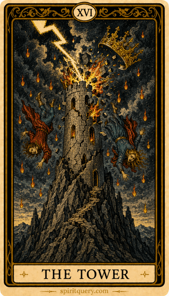 The Tower tarot card showing lightning striking tower with falling figures