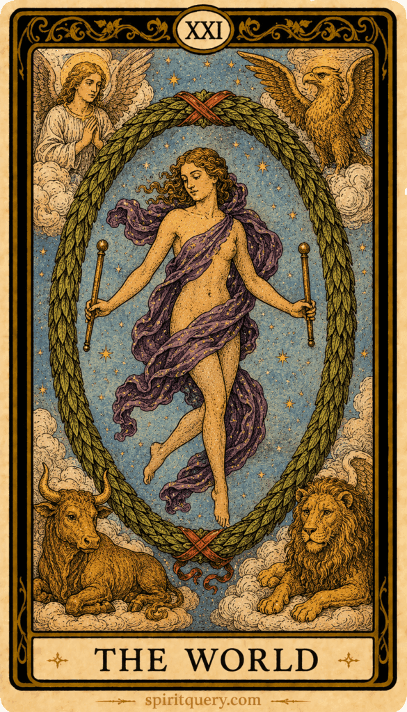 The World tarot card showing dancing figure in wreath with four creatures in corners