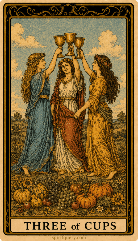 Three of Cups tarot card showing three women celebrating together raising cups