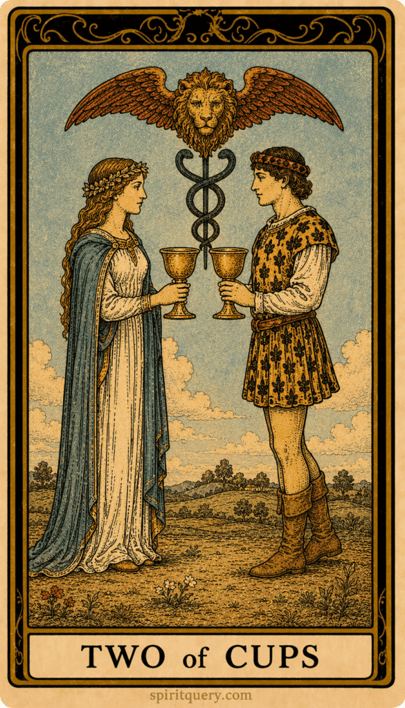 Two of Cups tarot card depicting two people exchanging cups in mutual connection