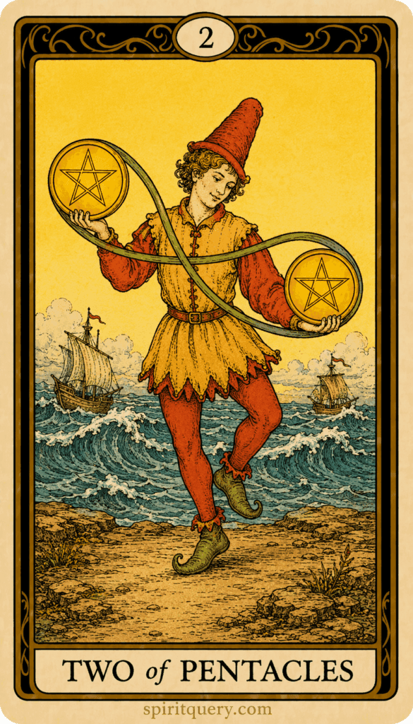 Two of Pentacles tarot card showing figure juggling two pentacles with infinity symbol