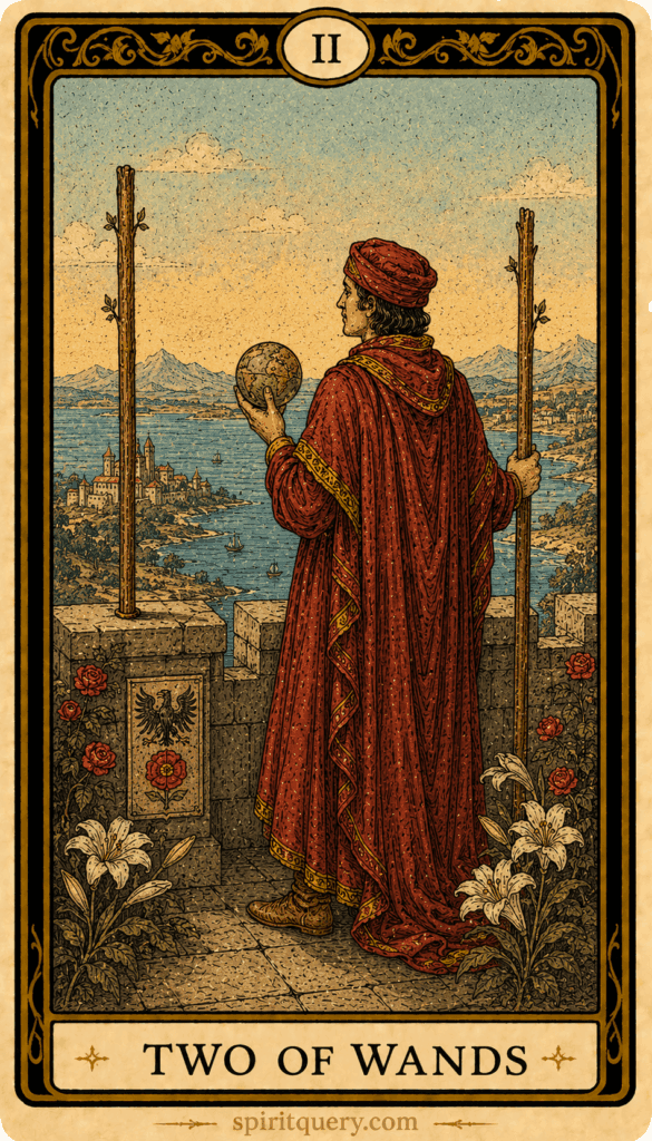 Two of Wands tarot card showing figure holding globe looking out from castle