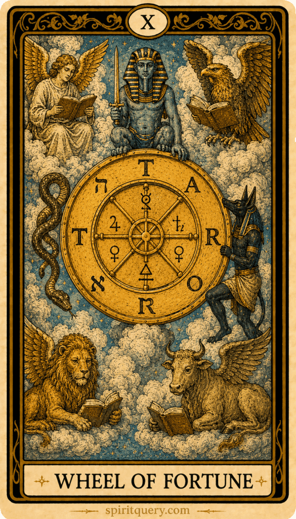 Wheel of Fortune tarot card showing spinning wheel with sphinx and creatures