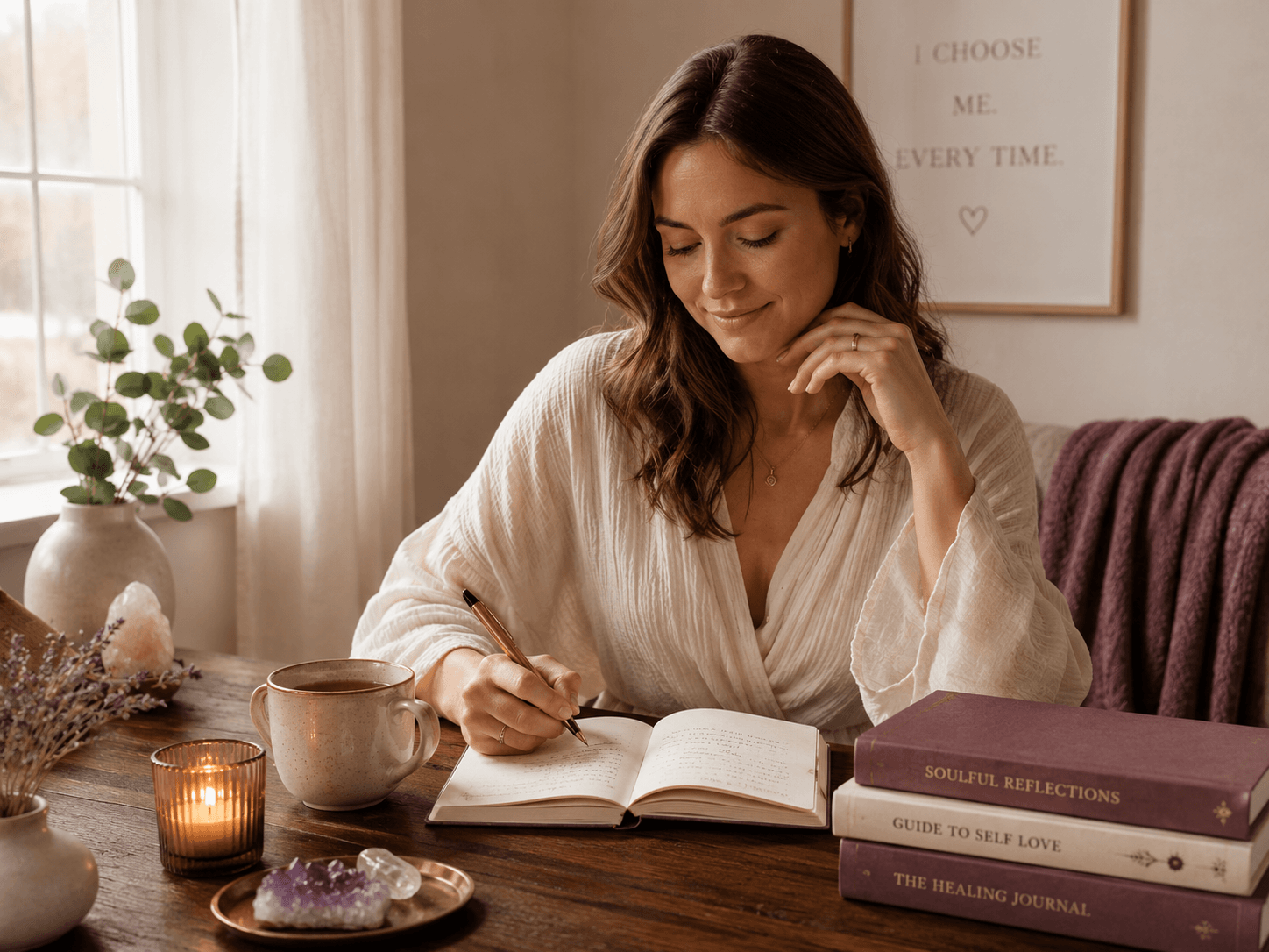 Woman reflecting quietly with a journal, representing healing and emotional reset after heartbreak.