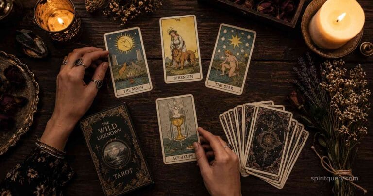 Beginner laying out tarot cards on a table learning how to read them