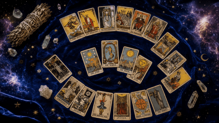Complete guide to Major Arcana 22 tarot cards arranged in mystical spiral on indigo velvet with celestial symbols and crystals
