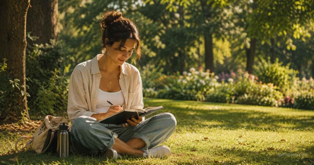 Woman journaling outdoors representing self-focus and healing during no contact 