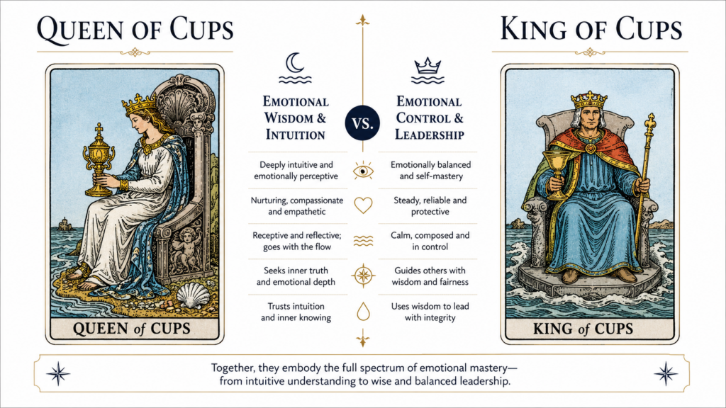 Queen of Cups vs King of Cups tarot card comparison - intuition versus mastery