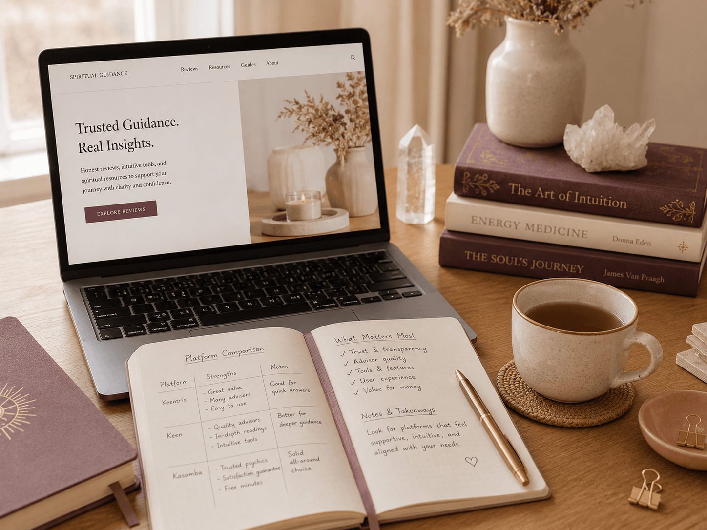 Notebook, laptop, and tea arranged for comparing psychic platforms and spiritual resources.