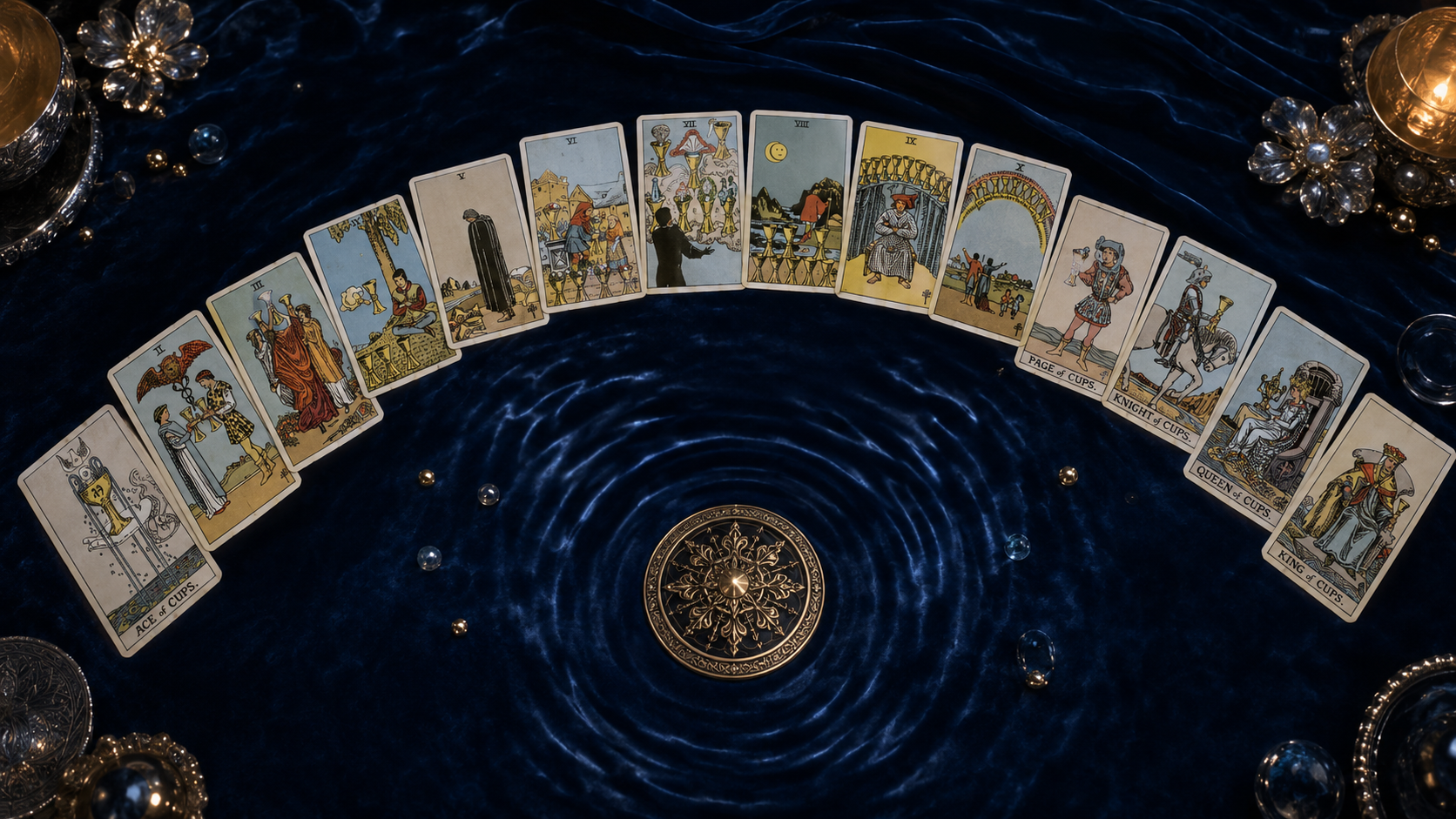 Complete guide to Suit of Cups tarot cards arranged in semicircle on blue velvet with water symbols and chalices