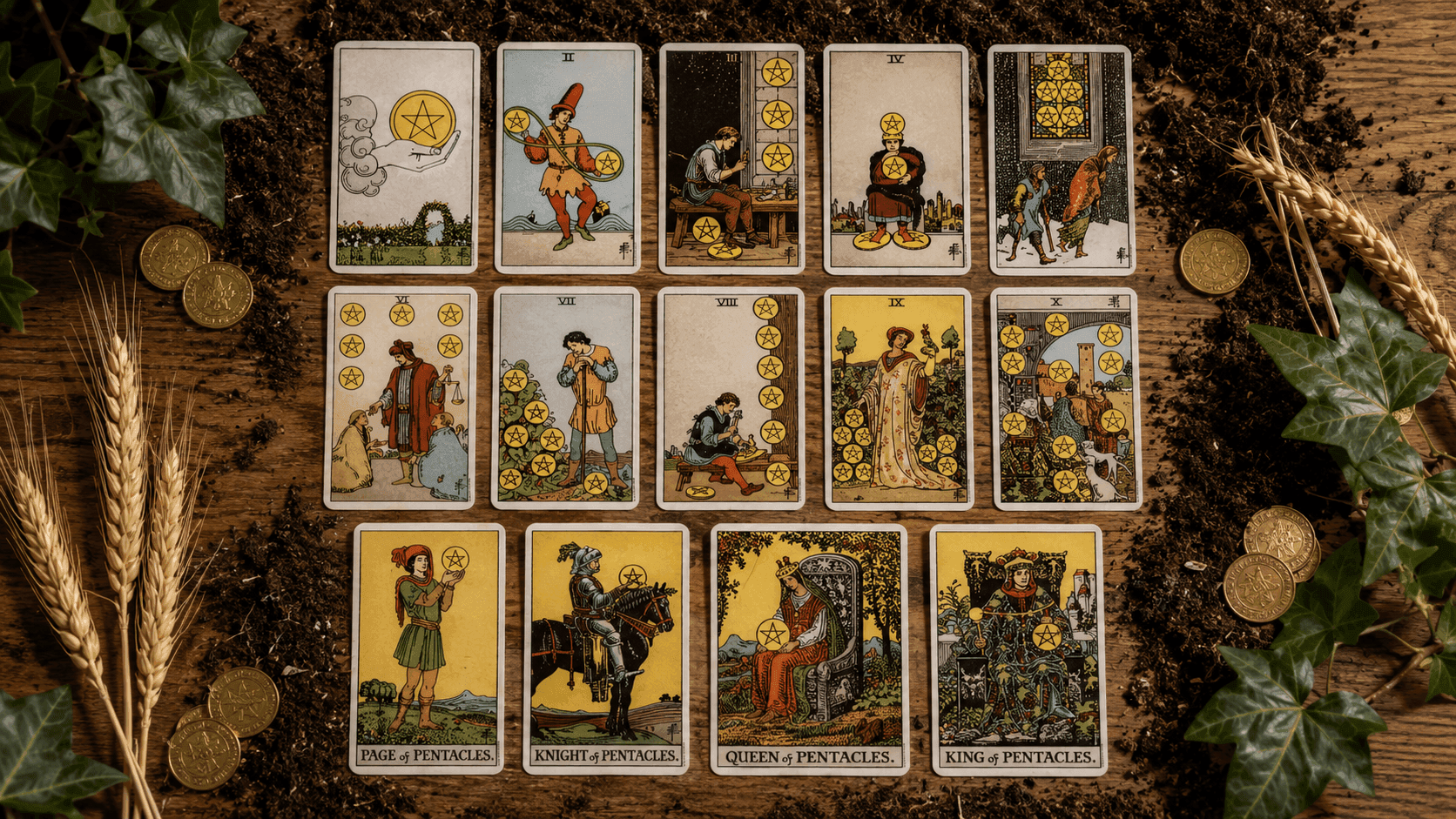 Complete guide to Suit of Pentacles tarot cards arranged in grid on wood and soil with golden coins and nature elements