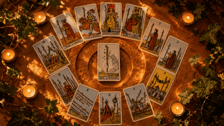 Complete guide to Suit of Wands tarot cards arranged in circular spiral on terracotta with fire symbols and wooden staffs