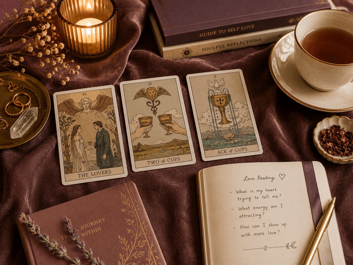 Tarot cards laid out for a love reading with a warm, reflective mood.