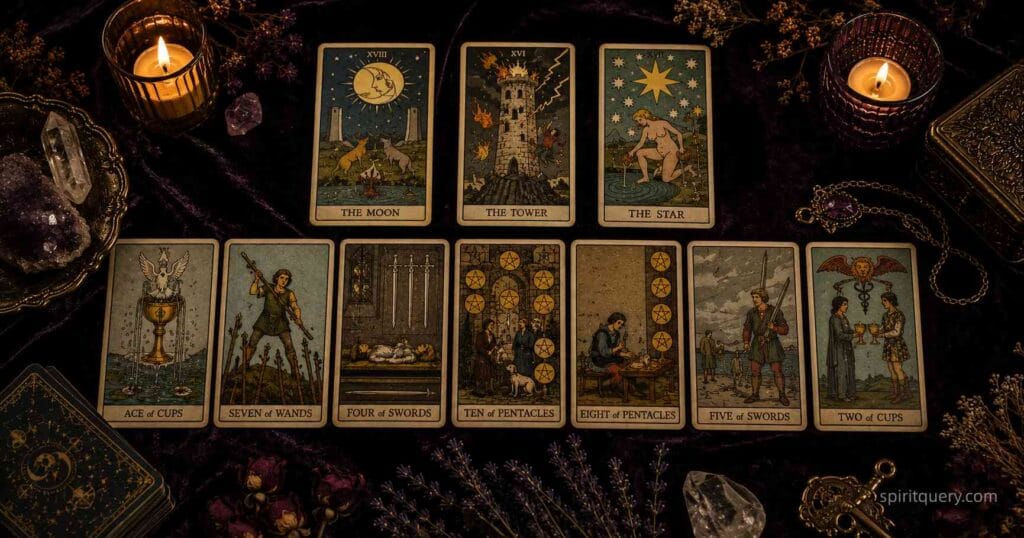 A beginner deck spread showing how to read tarot cards for beginners intuitively.