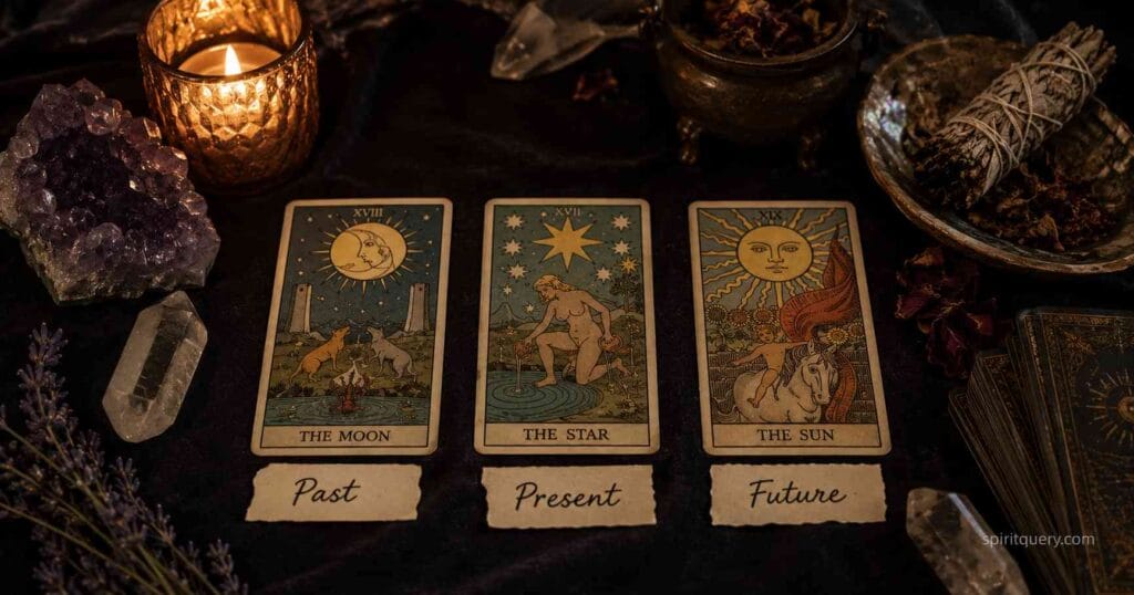 Three tarot cards laid out in a past present future spread for beginners 