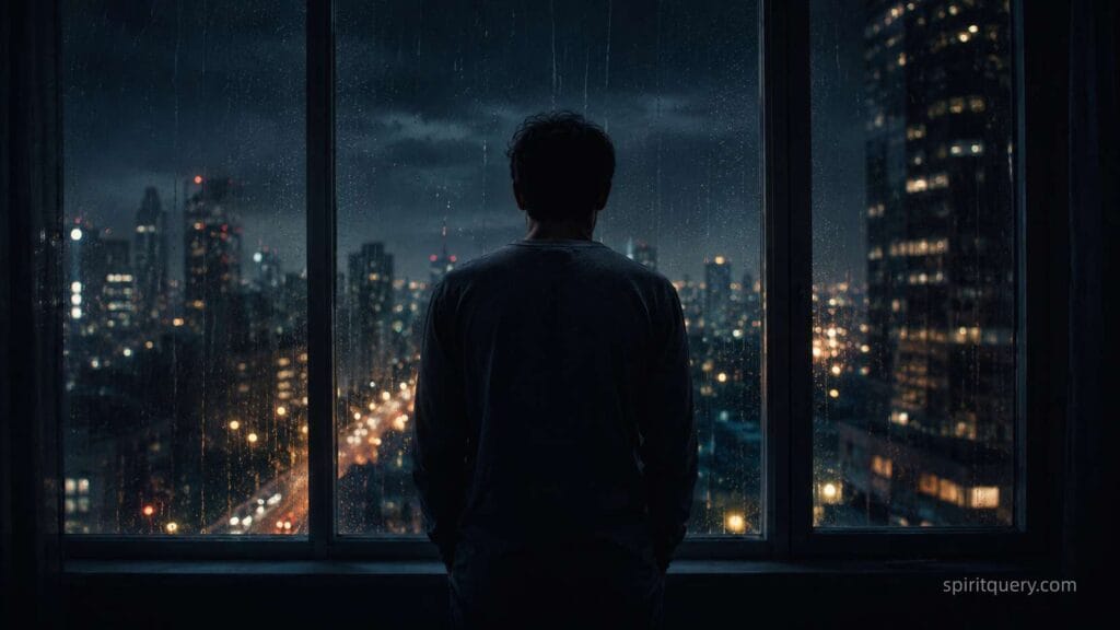 Lone figure standing at a rainy window at night representing twin flame runner psychology