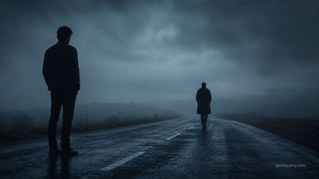 Two silhouettes walking apart on a misty road representing twin flame runner chaser separation