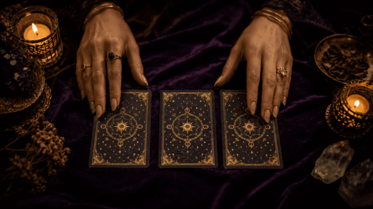 A tarot reader laying out three cards on a dark velvet surface
