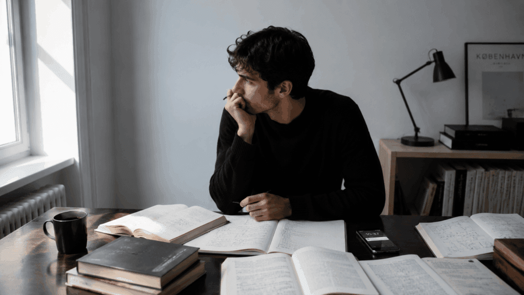 A man sitting alone at a minimalist desk surrounded by books, deeply absorbed in his own world with an unread phone beside him