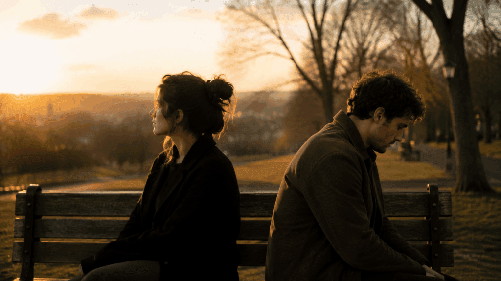 A couple sitting together on a bench but facing different directions, symbolizing emotional disconnect in a relationship with an Aquarius man hot and cold