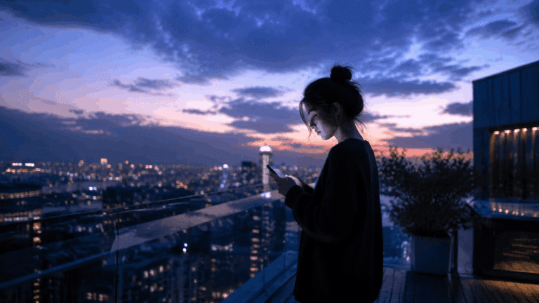 A woman standing alone on a rooftop at dusk looking at her phone, representing the confusion of an Aquarius man going cold