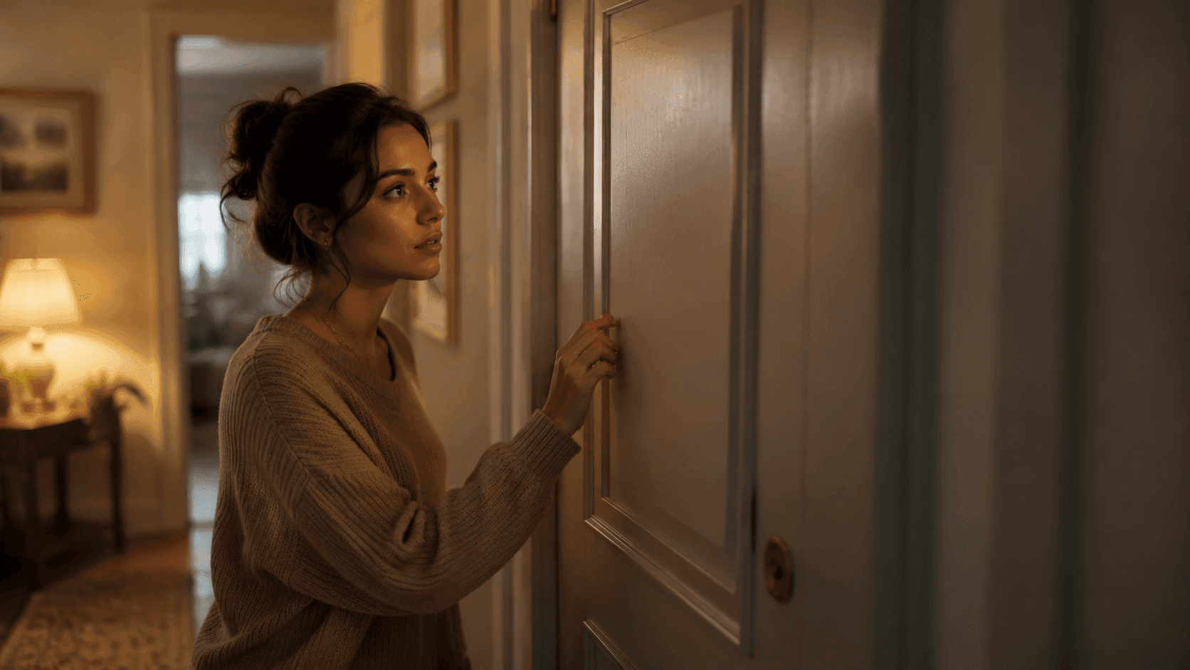 A woman standing outside a closed door with a gentle expression, representing the experience of a Cancer man retreating into his shell