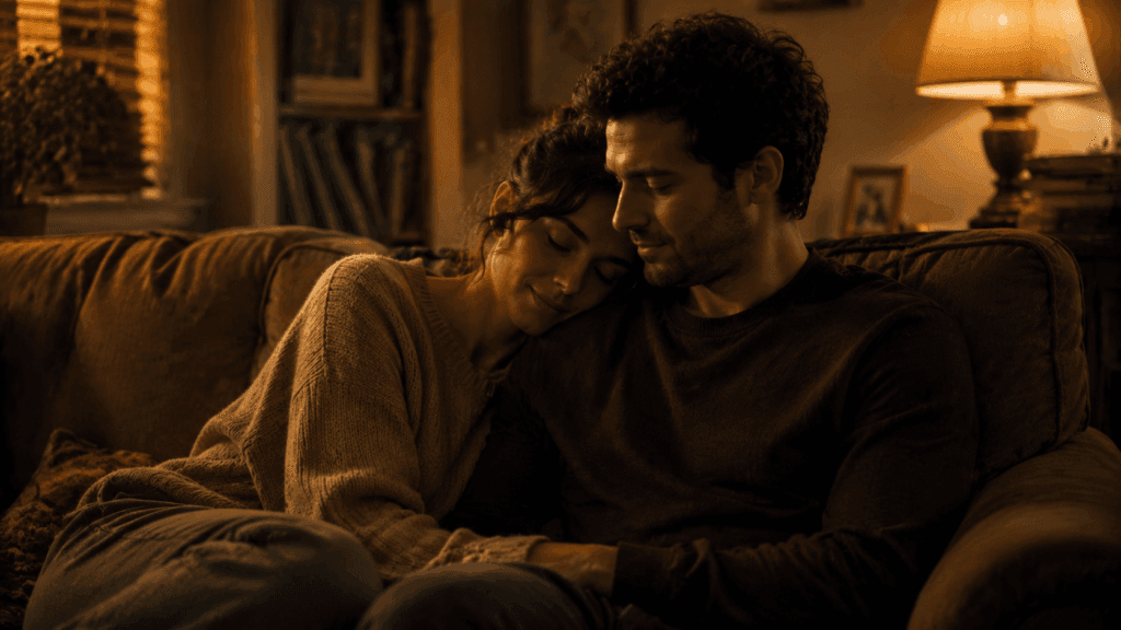 A couple sitting close together on a couch, one leaning gently toward the other in a moment of quiet reconnection