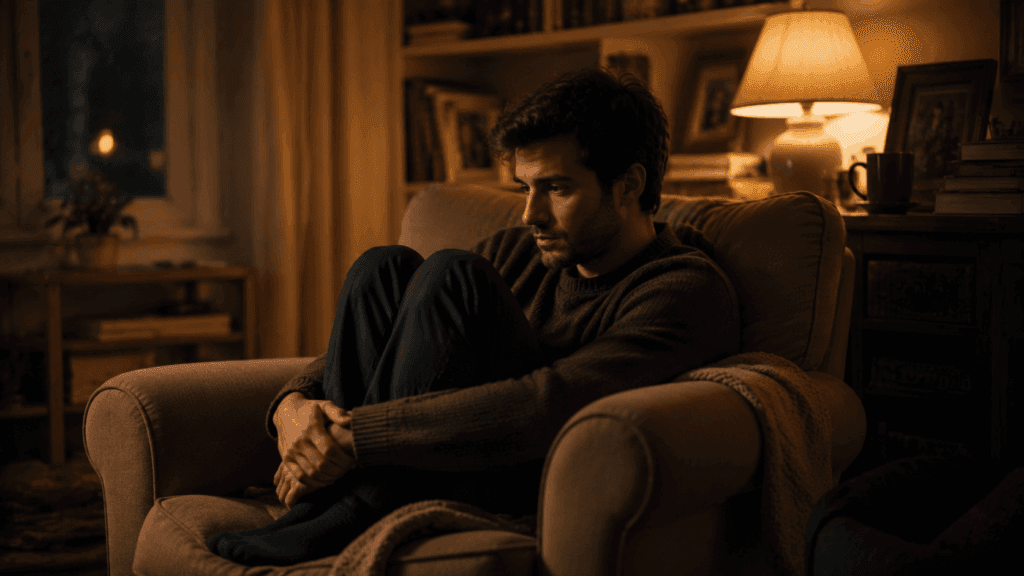 A man sitting alone in a cozy but closed-off space, representing a Cancer man hot and cold retreating emotionally after being hurt