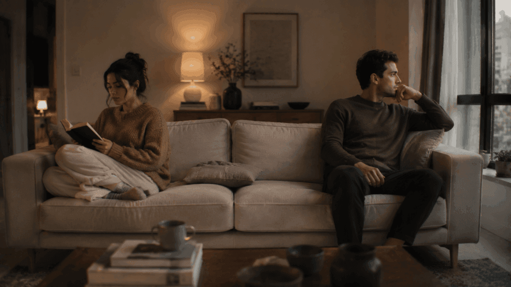 A couple sitting together at home but both absorbed in their own worlds, symbolizing emotional distance in a Capricorn relationship
