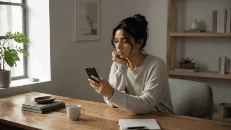 A woman sitting at a desk looking at her phone with a calm but uncertain expression, wondering why her Capricorn man is pulling back