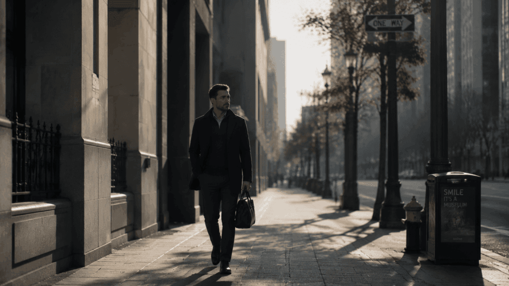 A man in a city environment walking purposefully alone, focused and self-contained, representing a Capricorn man hot and cold emotional withdrawal