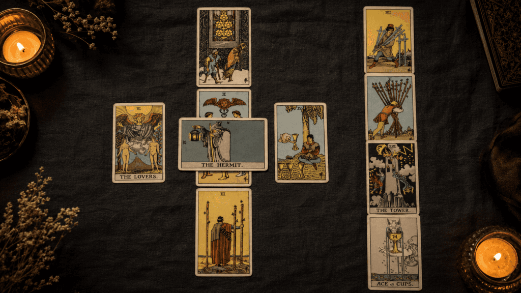 Ten tarot cards laid out in a celtic cross spread on a linen cloth with candlelight