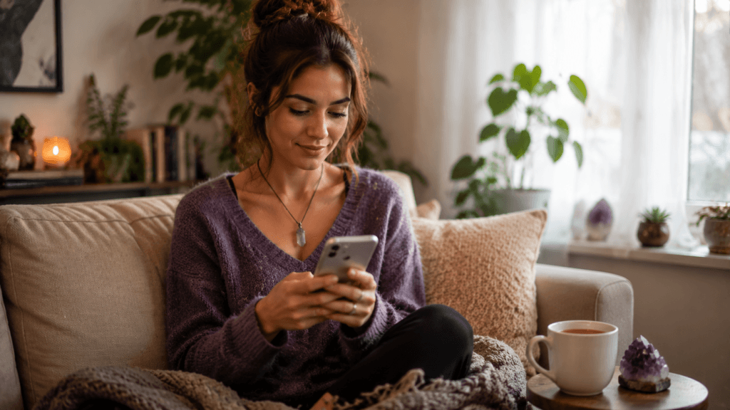Woman booking her first online psychic reading on a phone — calm and confident first-timer